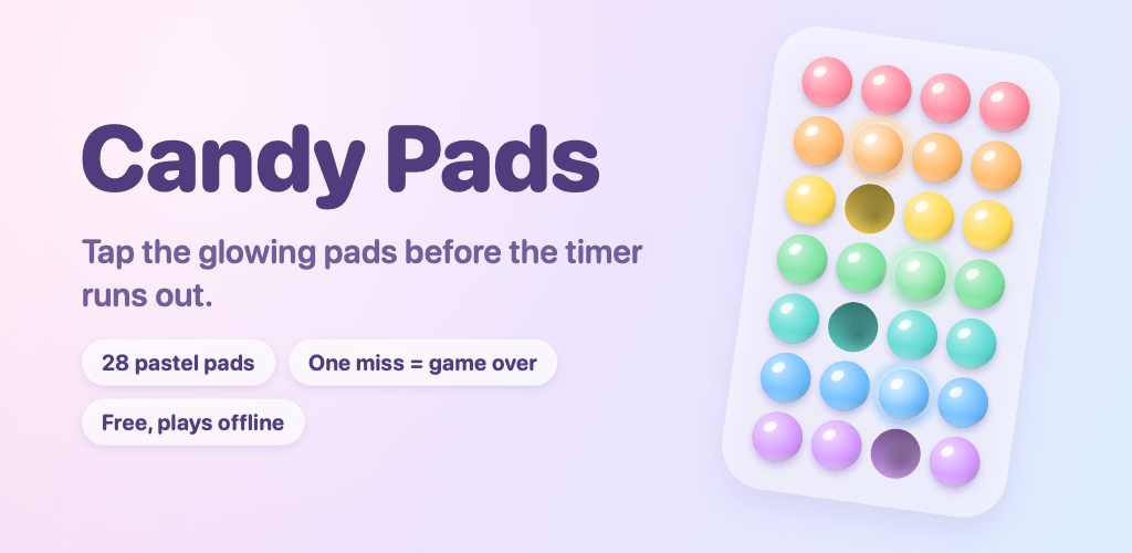 Artwork của Candy Pads: bảng nghiêng gồm 28 nút pastel với ba nút đang sáng, bên cạnh tên game và tagline