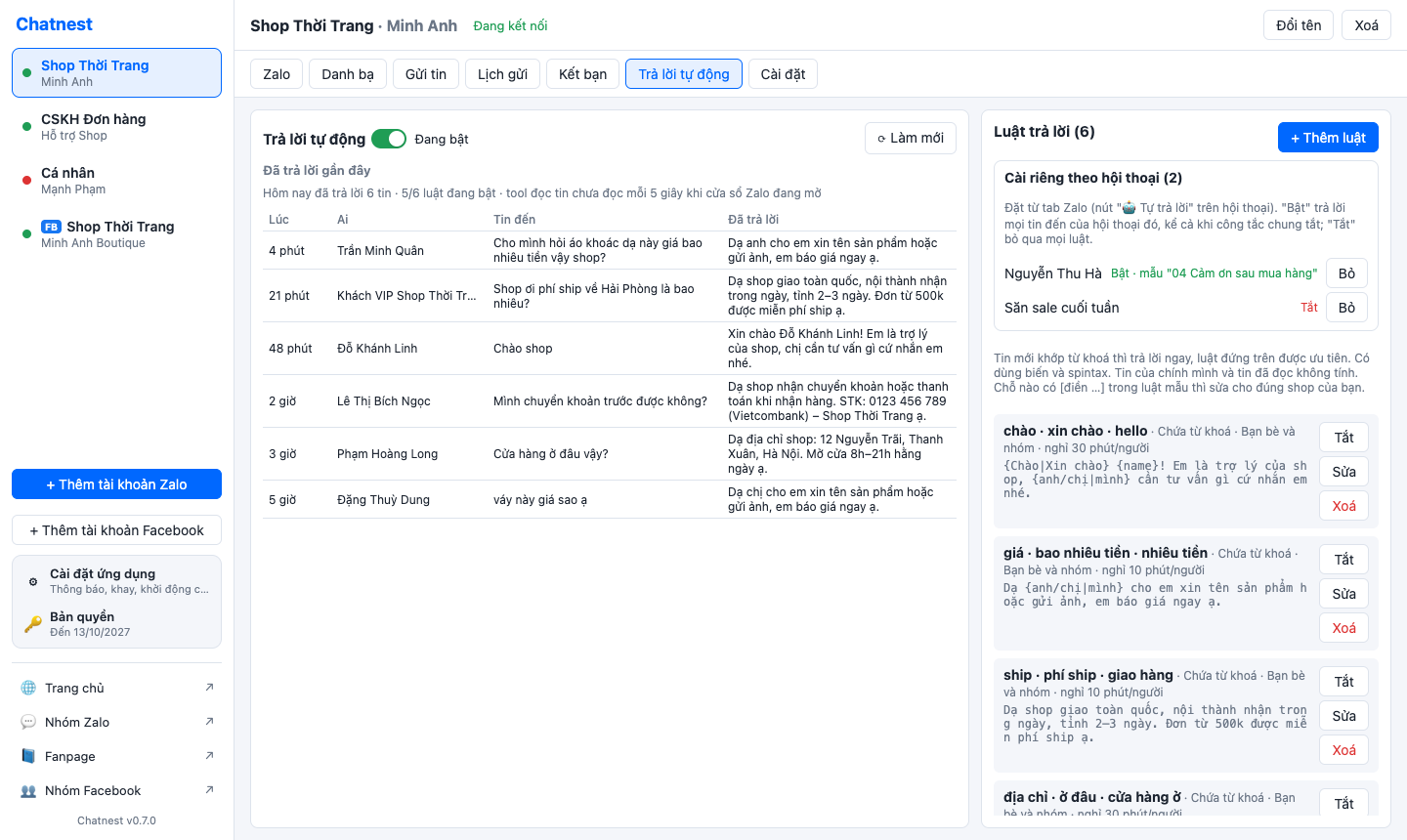 Chatnest auto-reply tab: reply log on the left, keyword rules and per-conversation settings on the right