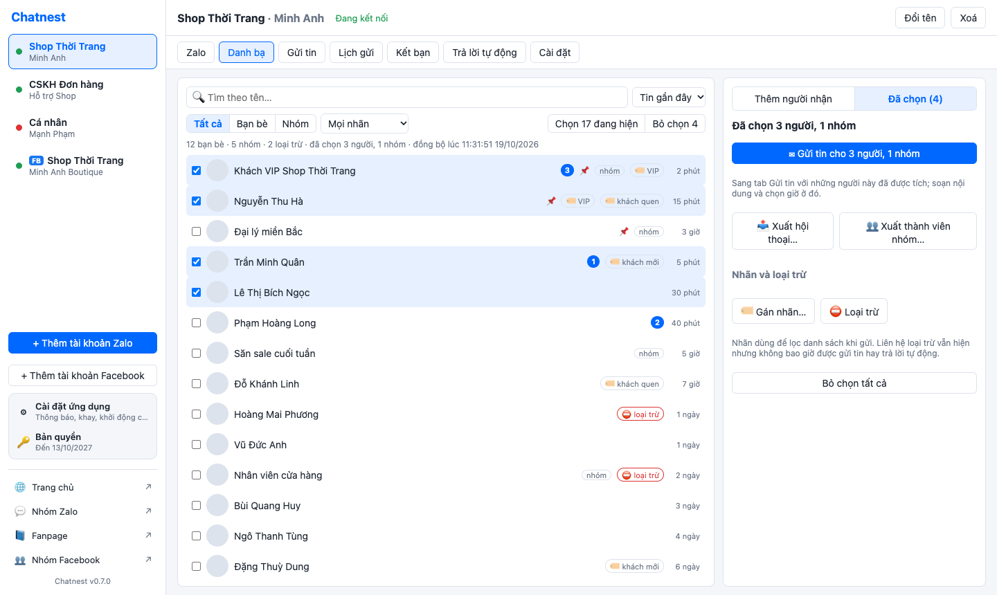 Chatnest Contacts tab: accounts in the sidebar, a contact list ordered by recent messages with unread badges, pins and labels, and the right panel with what to do with the ticked rows: send a message, export conversations or group members, label, exclude