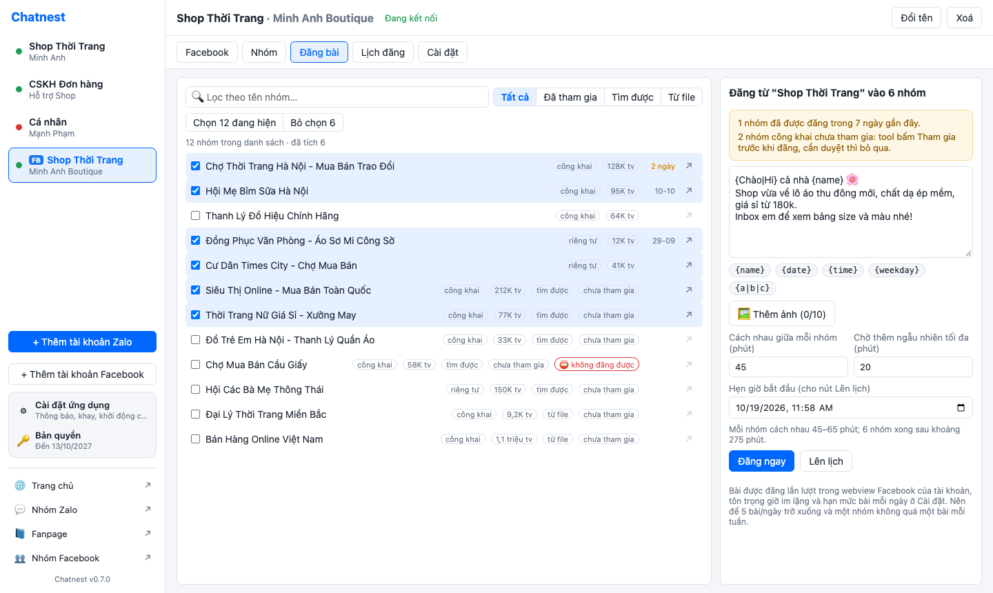 Chatnest Facebook Post tab: groups ticked on the left, one post with photos on the right, spacing and random wait between groups, a start time, and Post now / Schedule buttons