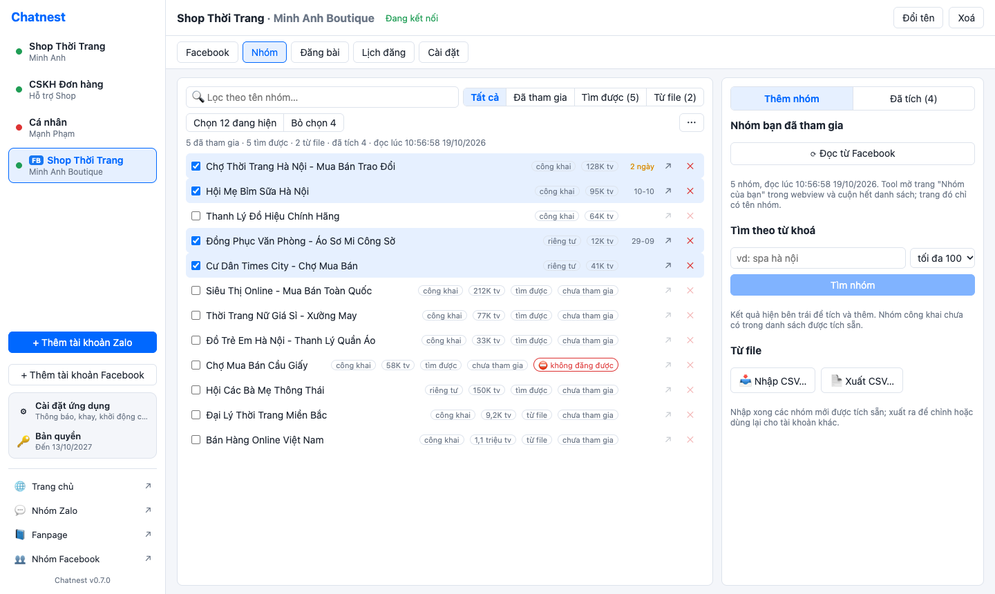 Chatnest Facebook Groups tab: the group list with public/private, member counts, source and posting state badges, and the right panel with the three ways to add groups: read joined groups, search by keyword, import CSV