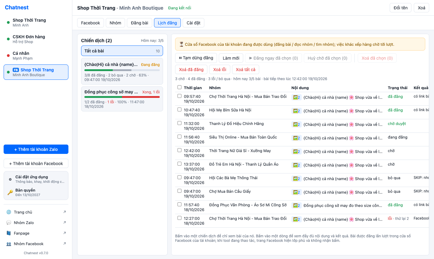 Chatnest Facebook Schedule tab: campaign cards with progress on the left, the per-group post table on the right with posted, pending approval, posting, waiting and skipped rows