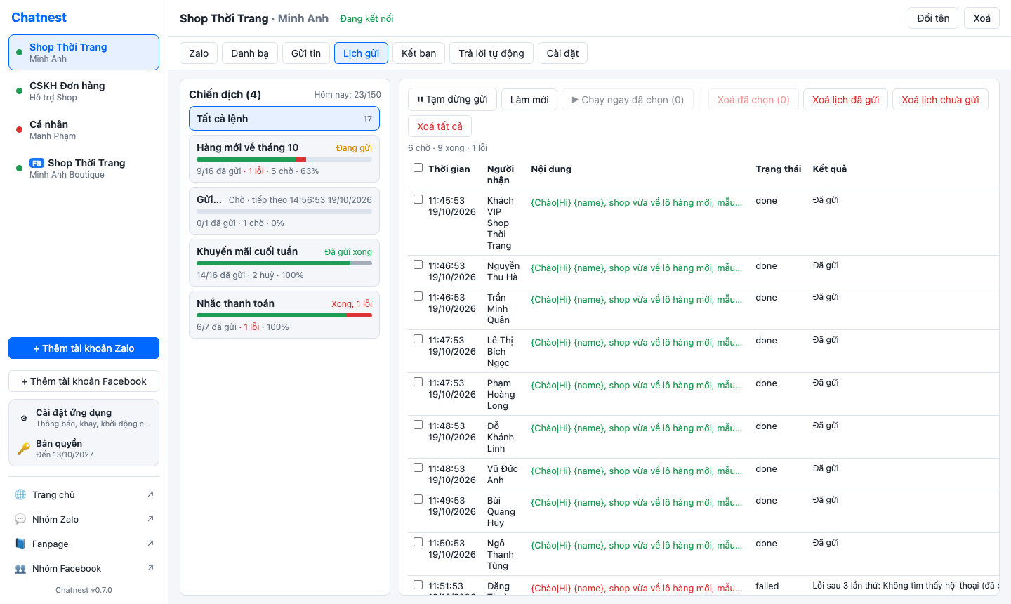Chatnest schedule tab with campaign cards showing progress, retry and cancel, above the per-recipient job table