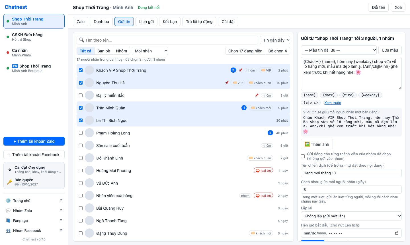 Chatnest Send tab: recipients ticked on the left, the composer on the right with a saved template, a personalised message with variables and its preview, campaign name, spacing and repeat options