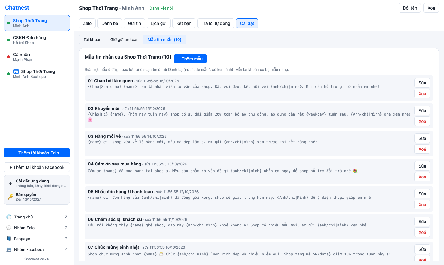Chatnest settings tab listing saved message templates that use variables and spintax