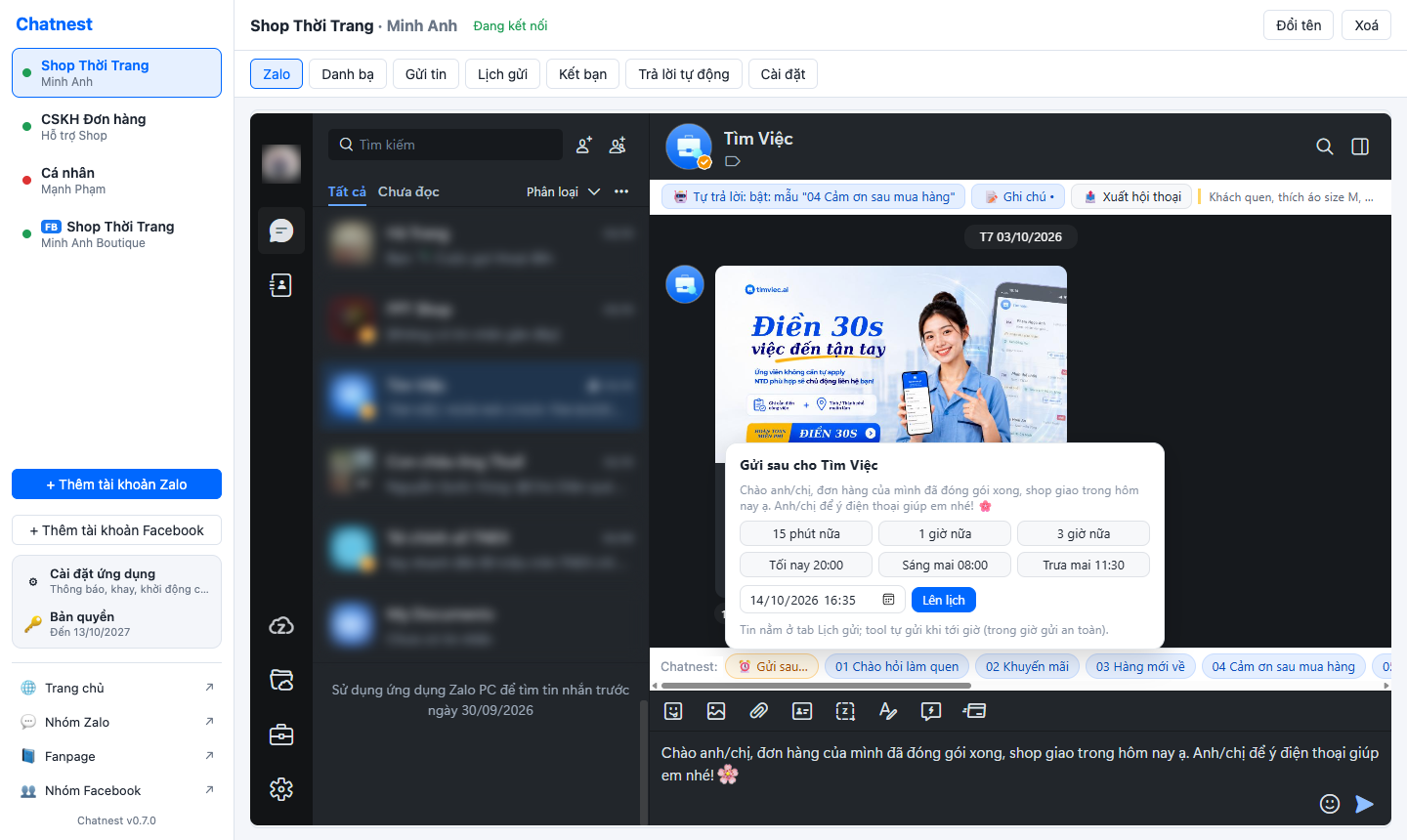 Chatnest's Zalo tab: Zalo Web inside the app with a bar of template quick replies above the composer, the Send later popup with time presets, and the conversation bar with auto-reply, note and export