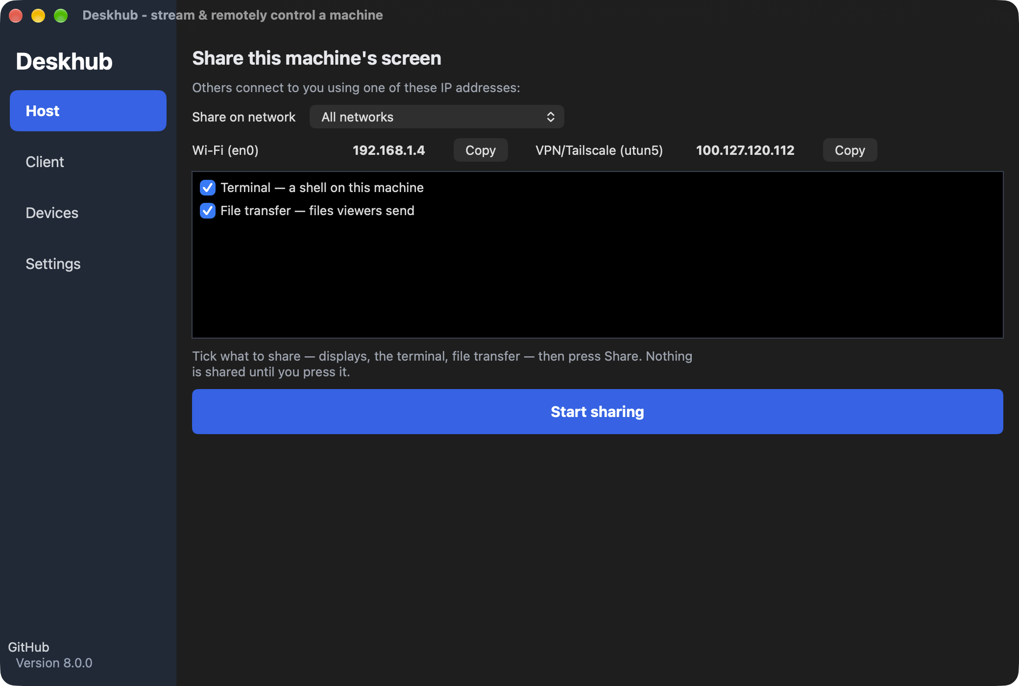 Deskhub host page on macOS showing network addresses and a Start sharing button