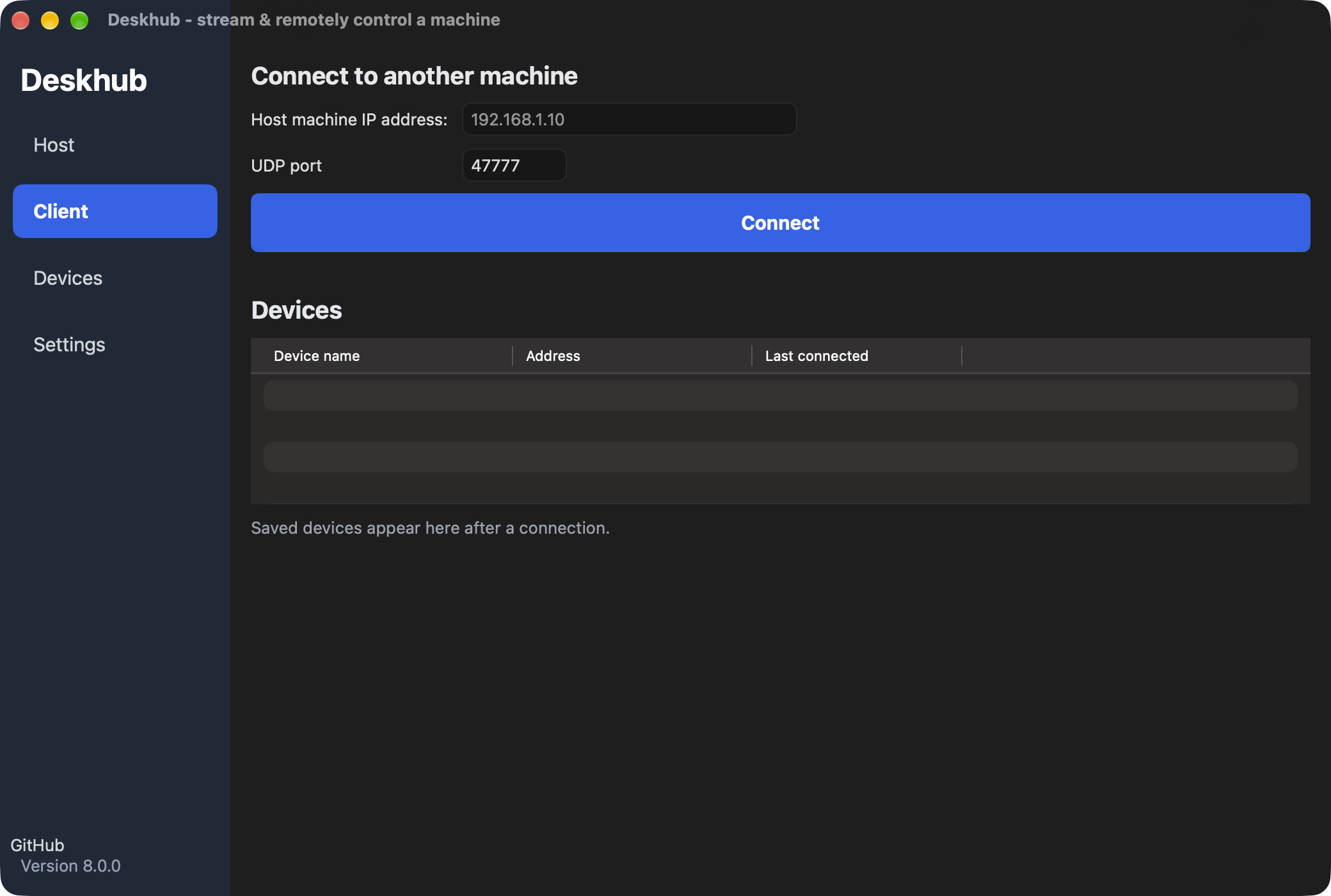 Deskhub Client page on macOS: host address and UDP port fields, tickboxes to pick remote desktop, control and terminal, a Connect button, and a list of recent addresses