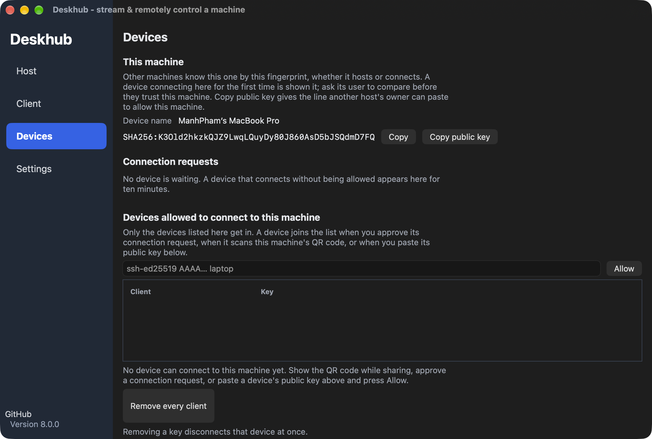 Deskhub Devices page on macOS: this machine's key fingerprint, the client keys allowed to connect and the trusted hosts
