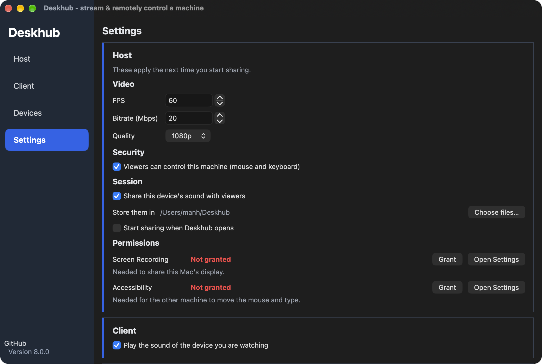Deskhub Settings page on macOS: device name, fps, bitrate and quality, UDP port, control, clipboard and stay-awake toggles, and the macOS permission state