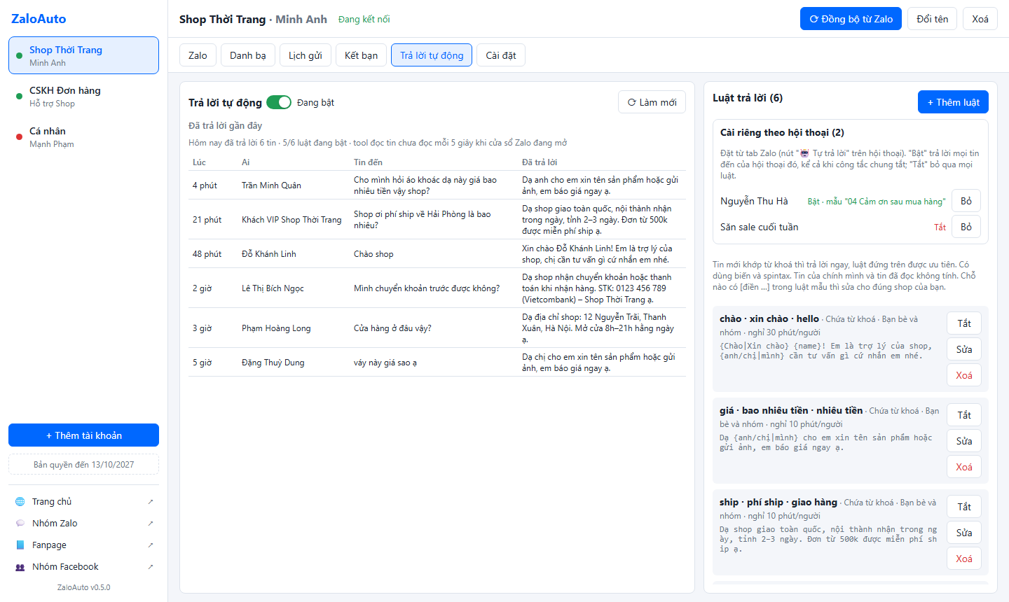 ZaloAuto auto-reply tab: reply log on the left, keyword rules and per-conversation settings on the right