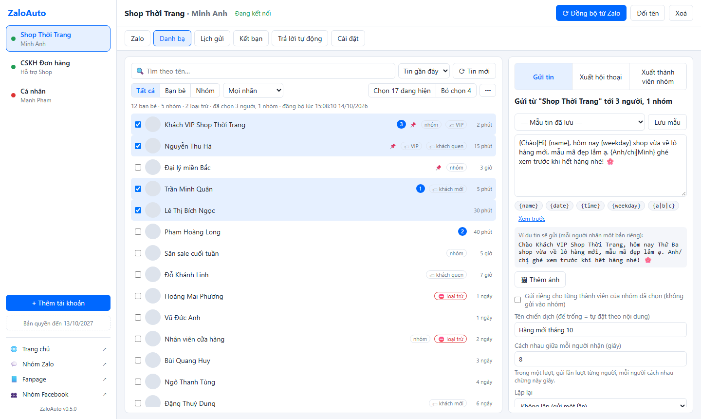 ZaloAuto contacts tab: accounts in the sidebar, a contact list ordered by recent messages with unread badges, pins and labels, and the compose panel with a personalised message and its preview