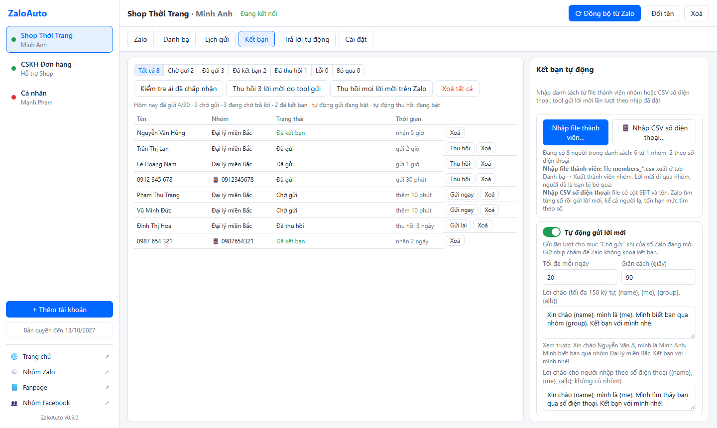 ZaloAuto friend requests tab: a queue of people from a group and from phone numbers with their status, and the pacing settings