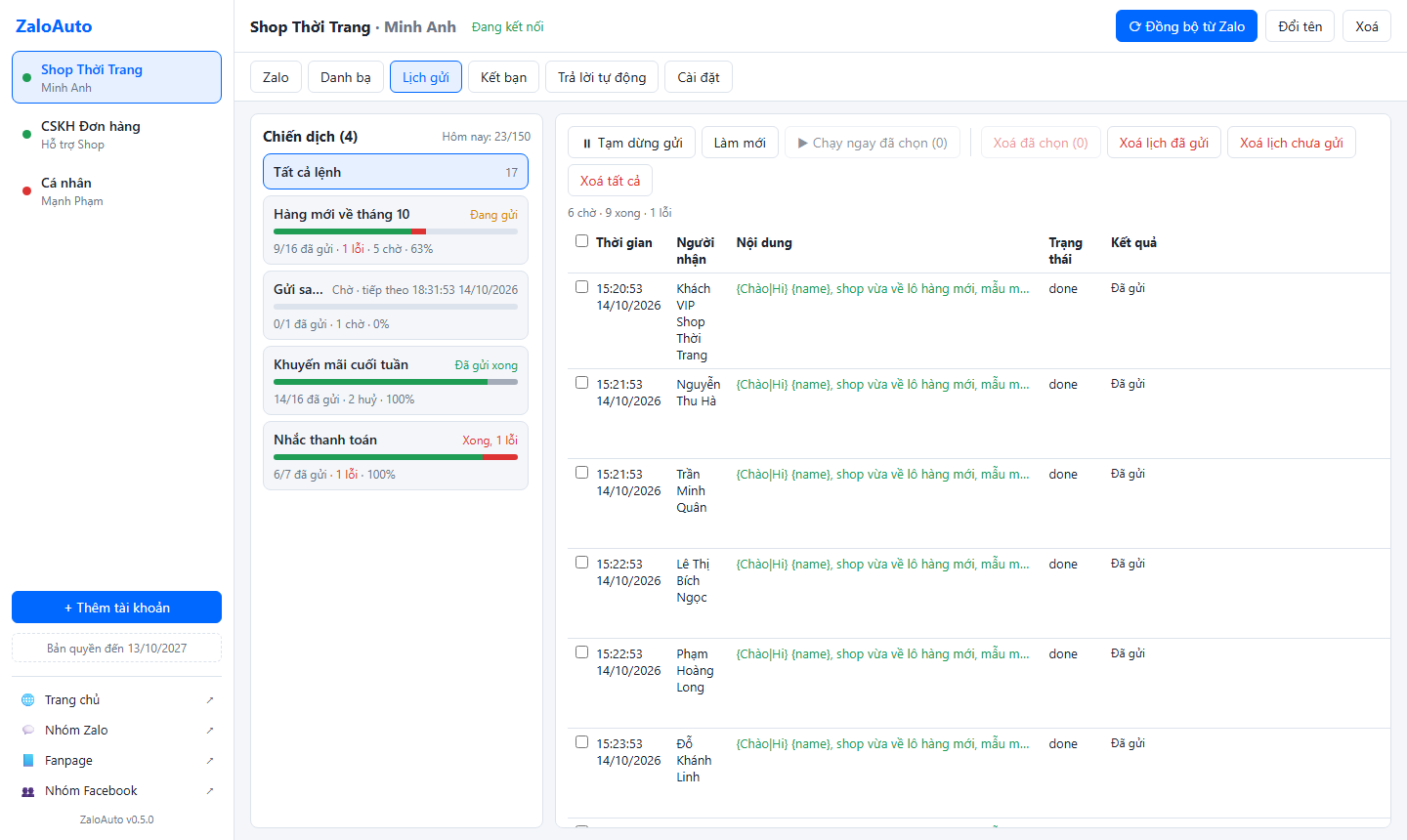 ZaloAuto schedule tab with campaign cards showing progress, retry and cancel, above the per-recipient job table
