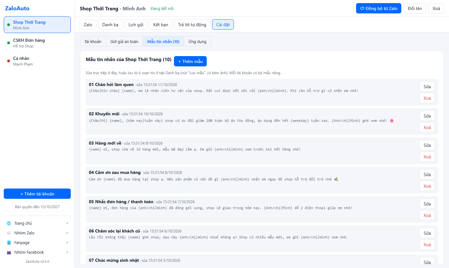 ZaloAuto settings tab listing saved message templates that use variables and spintax