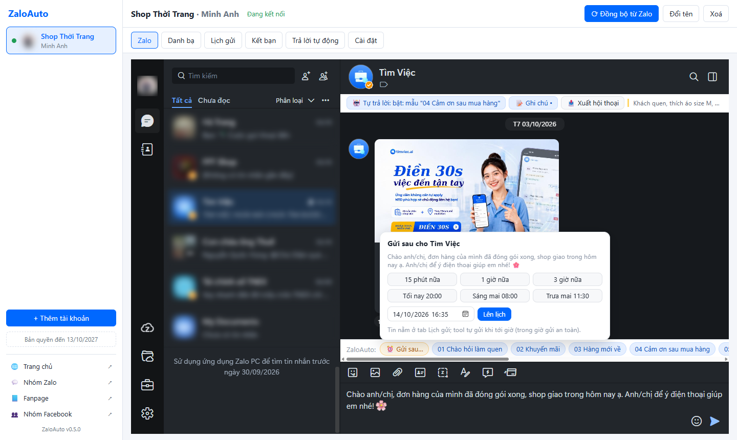 ZaloAuto's Zalo tab: Zalo Web inside the app with a bar of template quick replies above the composer, the Send later popup with time presets, and the conversation bar with auto-reply, note and export