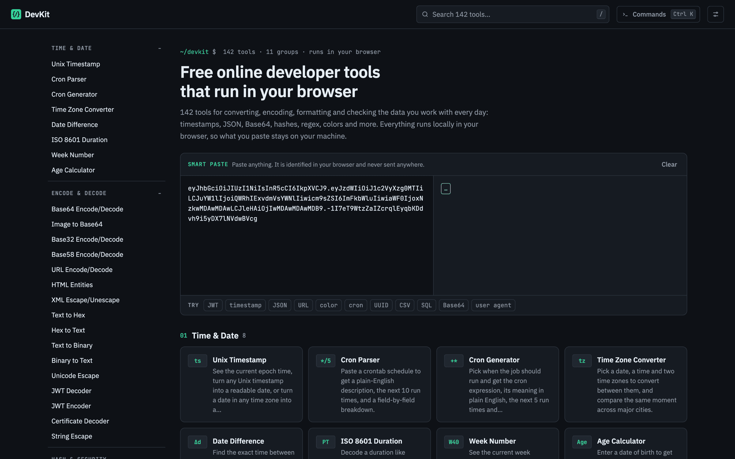 DevKit home page with the tool search, Smart Paste box and the Time & Date tool cards