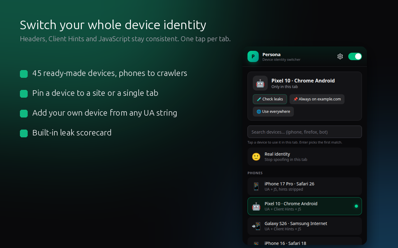 Persona popup picking a device for the current tab, with the consistency scorecard behind it