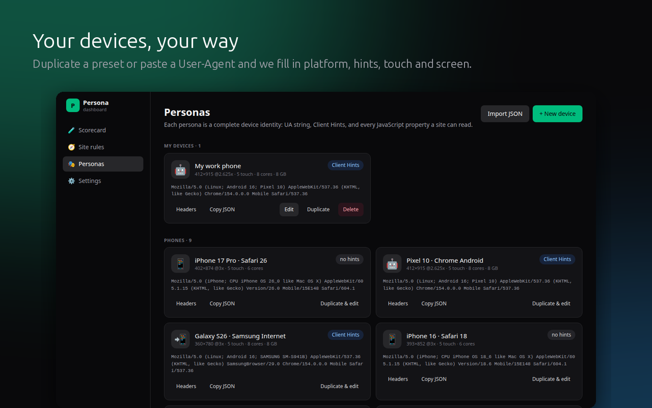 Persona device browser with phones, tablets, desktop browsers and crawlers