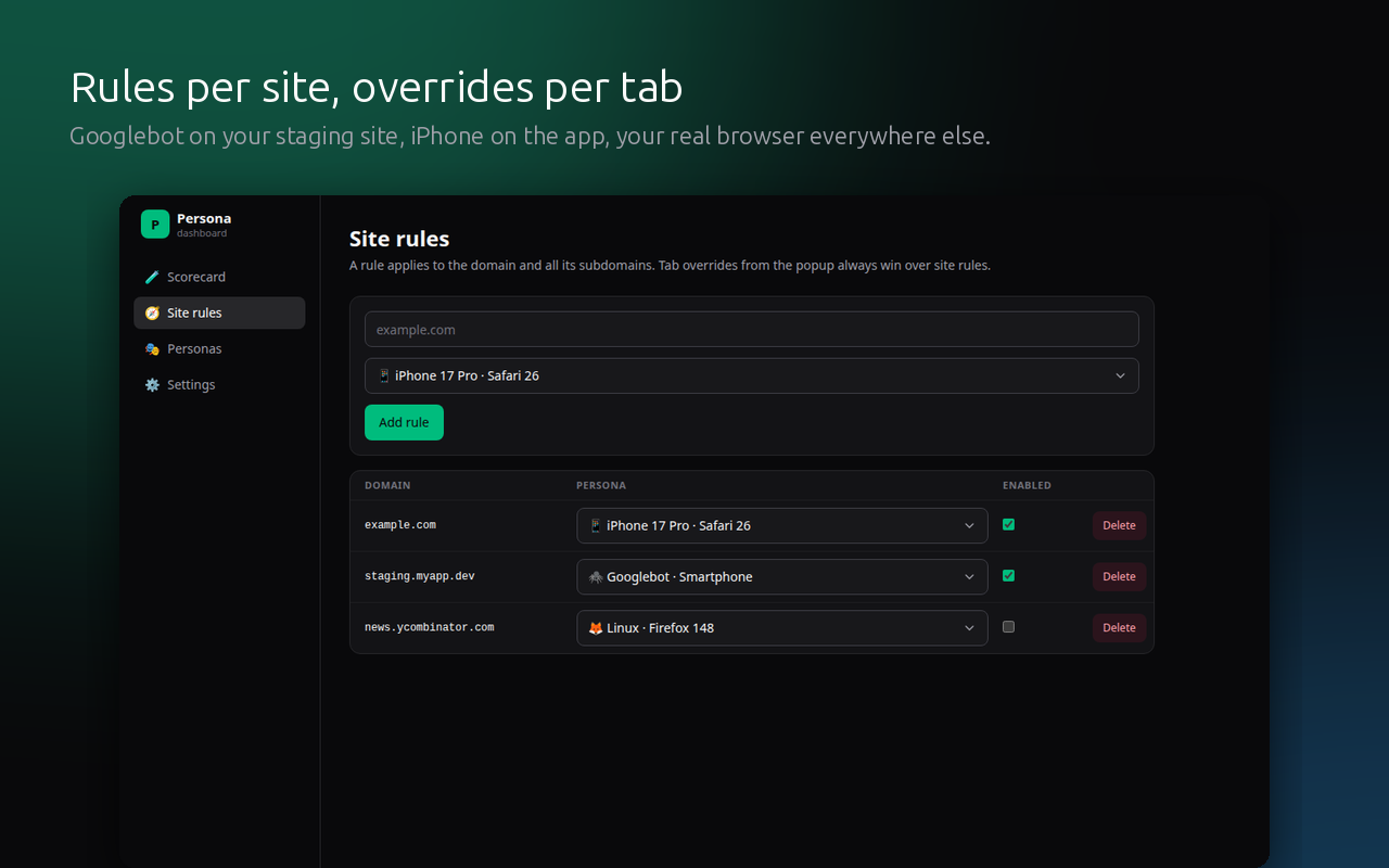 Persona site rules screen assigning a device to specific websites